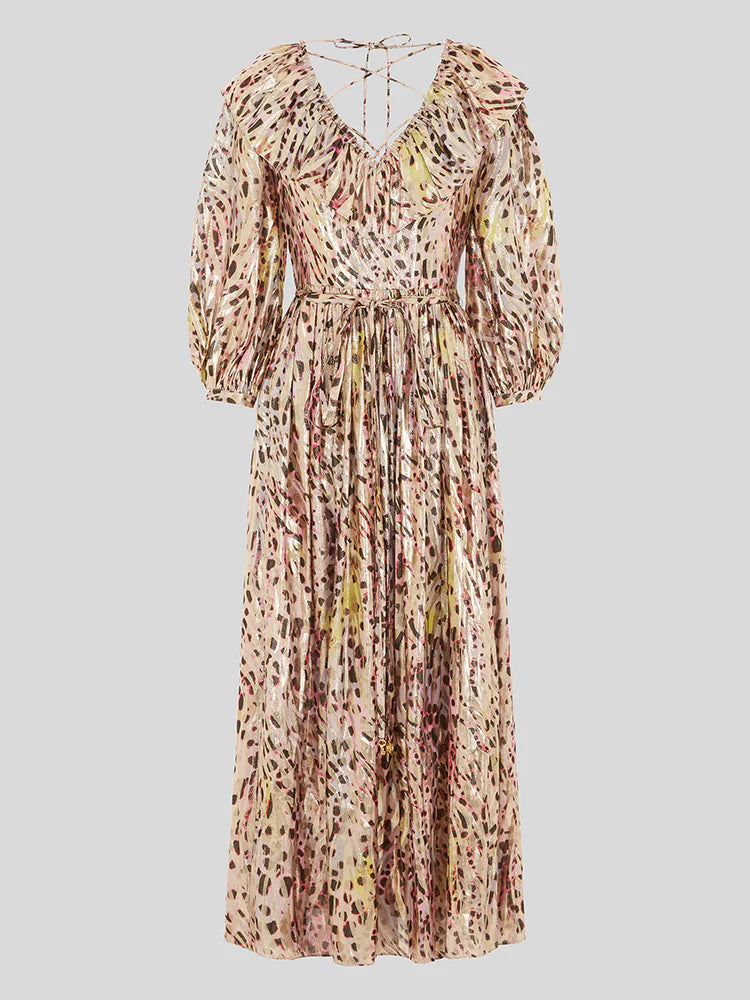 Hayley  Menzies Hypnotic Cheetah V Neck Maxi Frill Dress