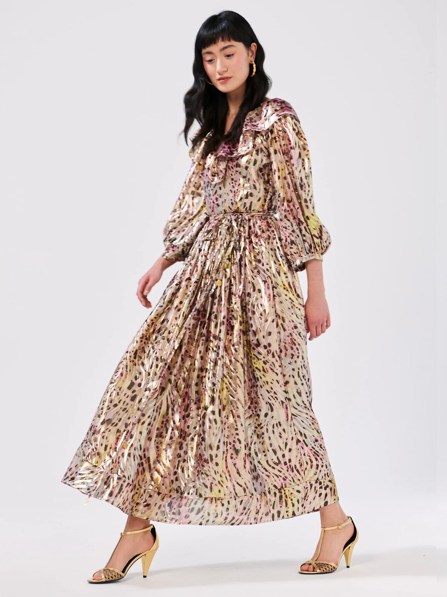 Hayley  Menzies Hypnotic Cheetah V Neck Maxi Frill Dress