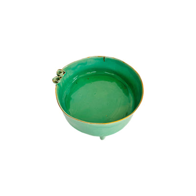 Marylynn Massoud & Rasha Nawam Ceramics Serving Pot with Legs- Celadon with Flower and Gold Rim