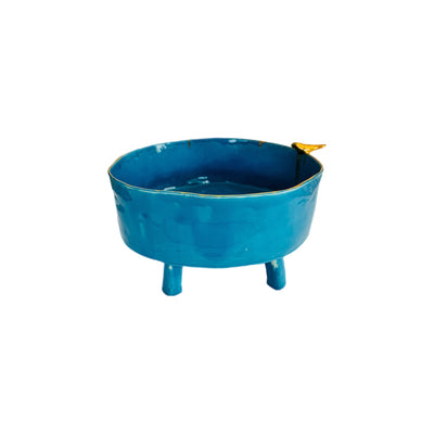 Marylynn Massoud & Rasha Nawam Ceramics Serving Pot with Legs- Blue with Bird and Gold Rim (Copy)