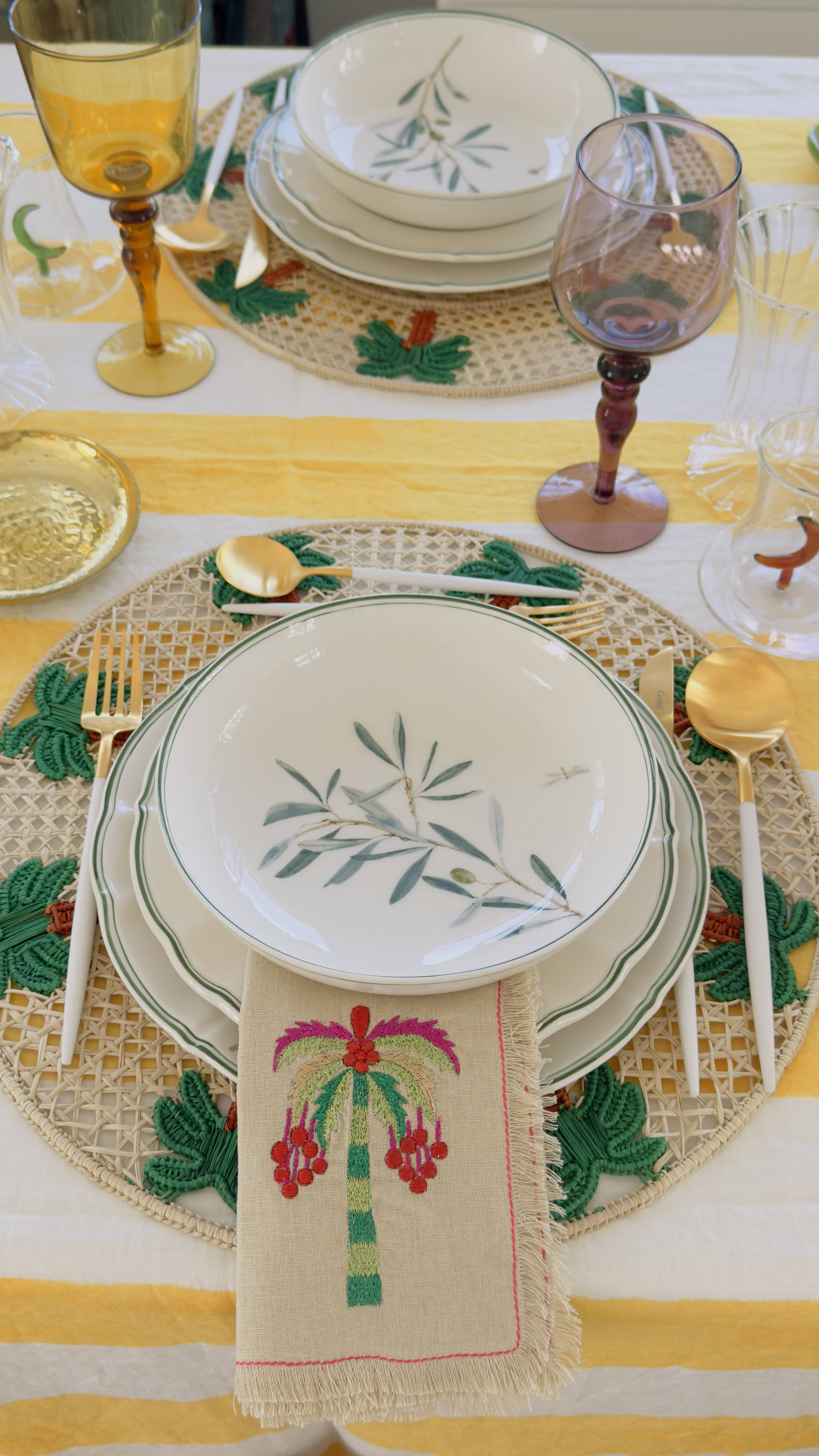 A Table Embroidered Linen Napkin Pink Frayed Palm Tree
