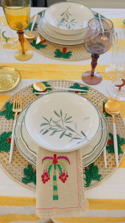 A Table Embroidered Linen Napkin Pink Frayed Palm Tree