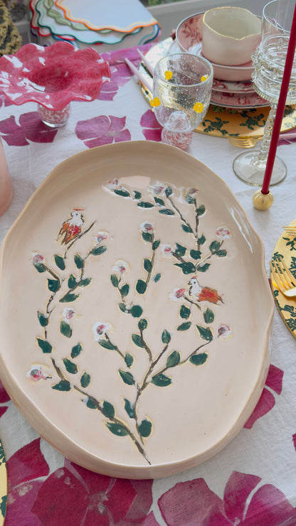 Ceramic Painted Oval Serving Platter Large - Nude with Gold Rim