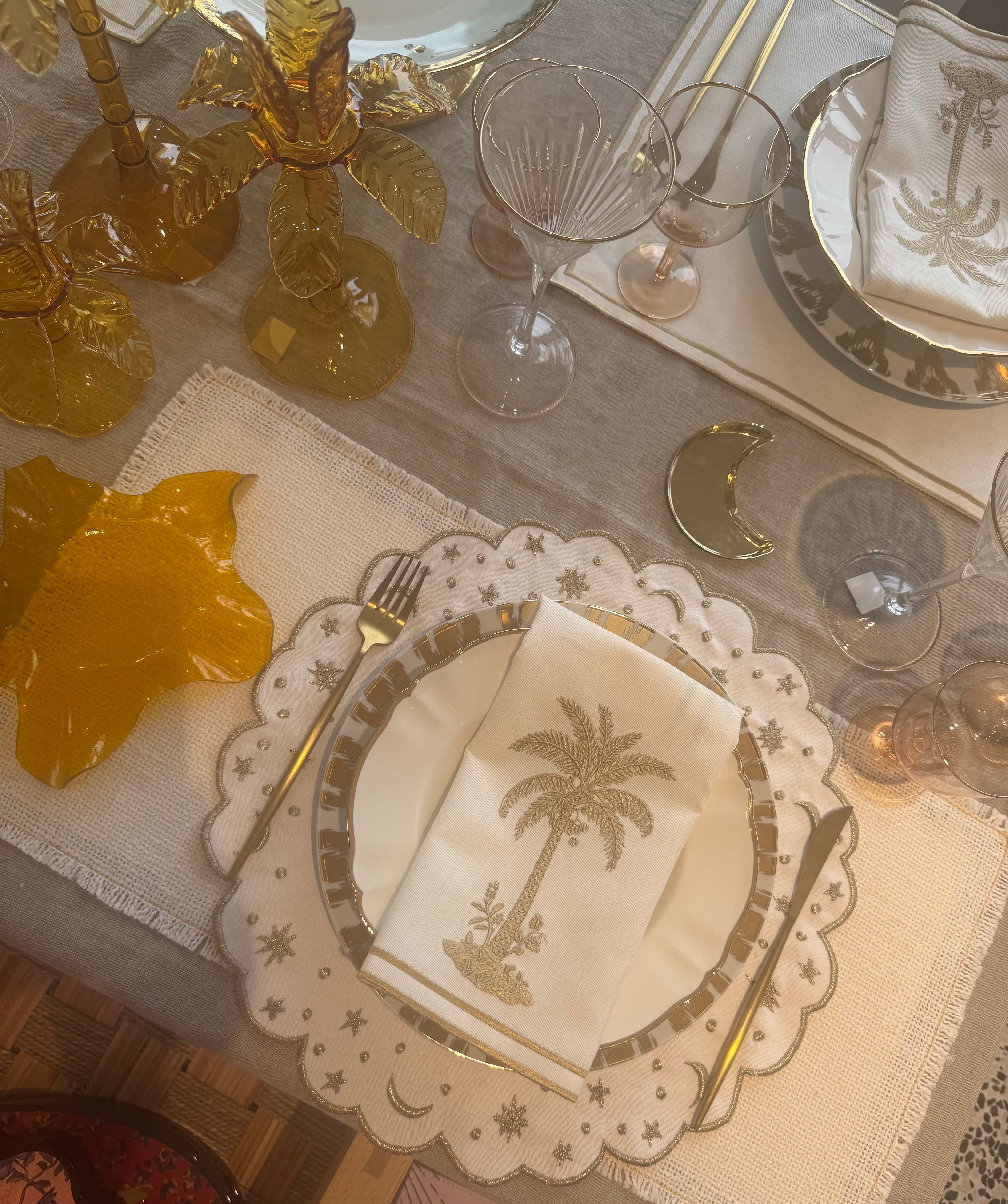 A table Embroidered Scalloped Placemat - Moons & Stars