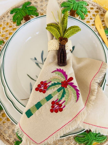 A Table Embroidered Linen Napkin Pink Frayed Palm Tree
