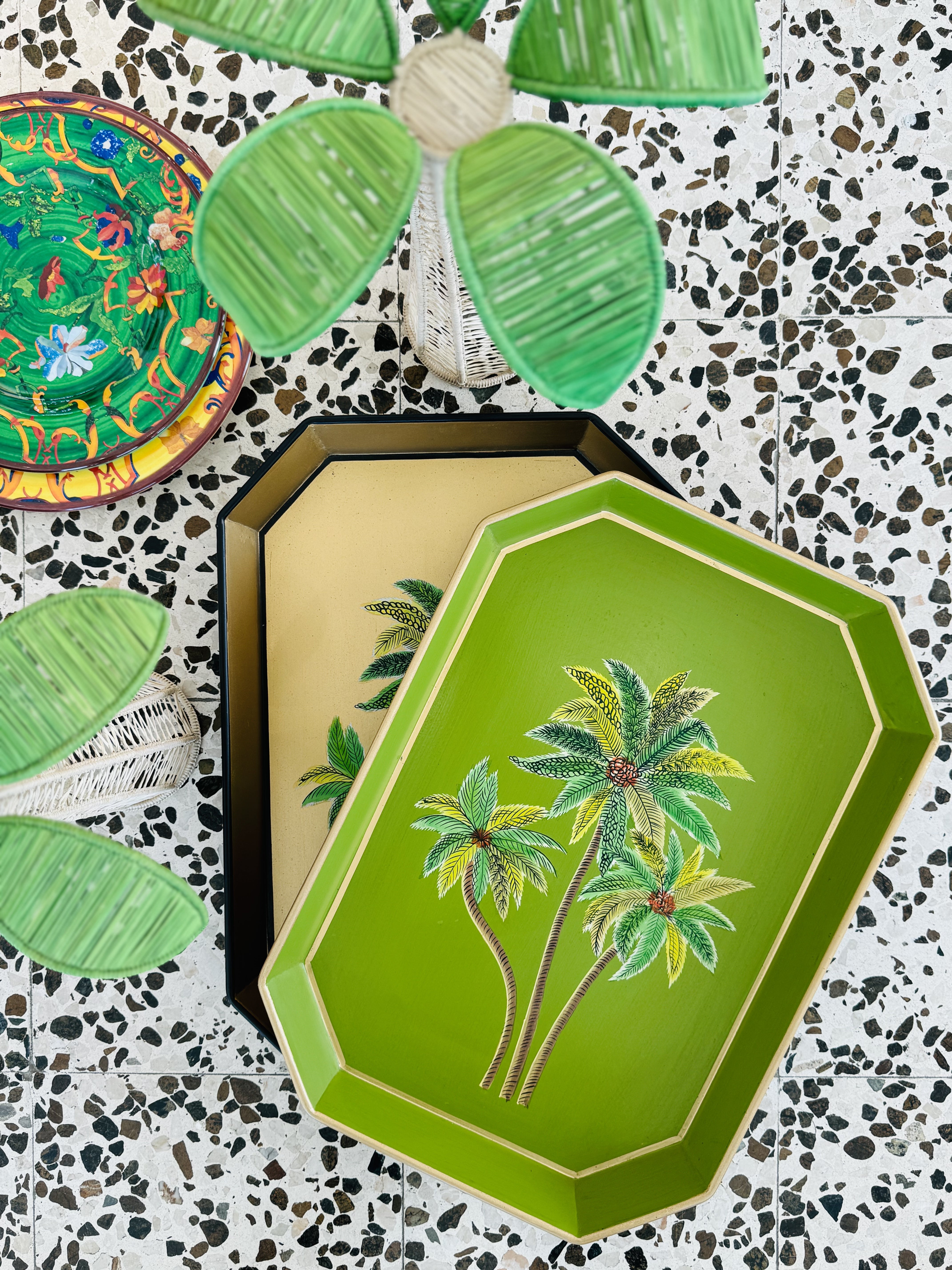 Les Ottomans Rectangular Painted Iron Tray - Palm Trees