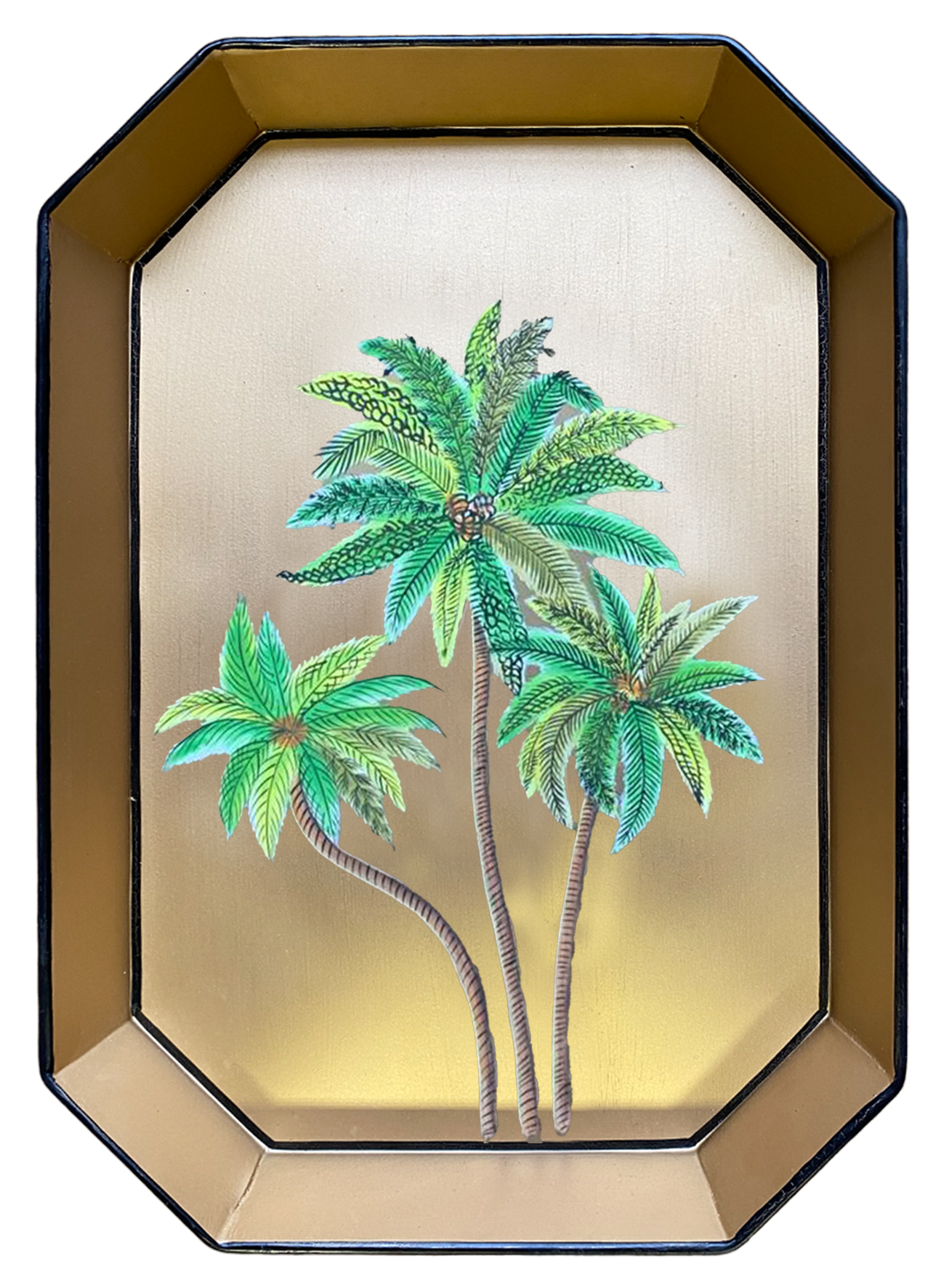 Les Ottomans Rectangular Painted Gold Iron Tray - Palm Trees