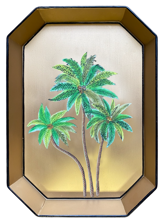 Les Ottomans Rectangular Painted Gold Iron Tray - Palm Trees