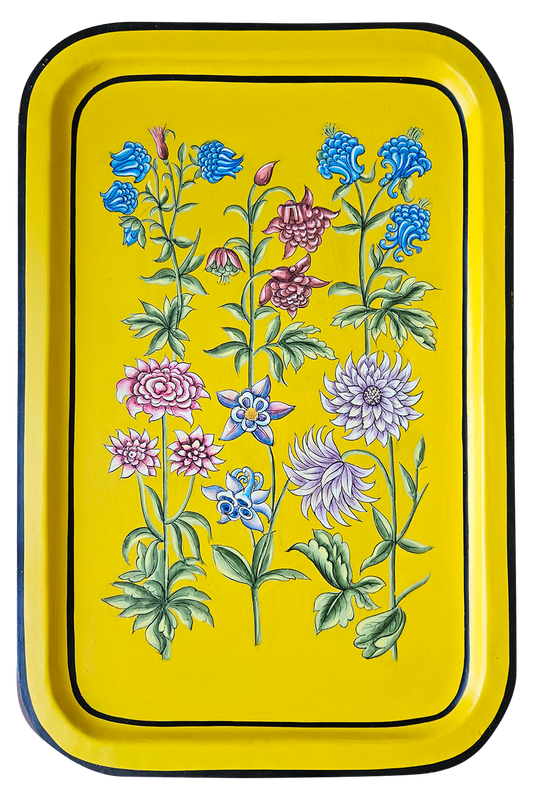 Les Ottomans Rectangular Yellow Painted Iron Tray - Flowers