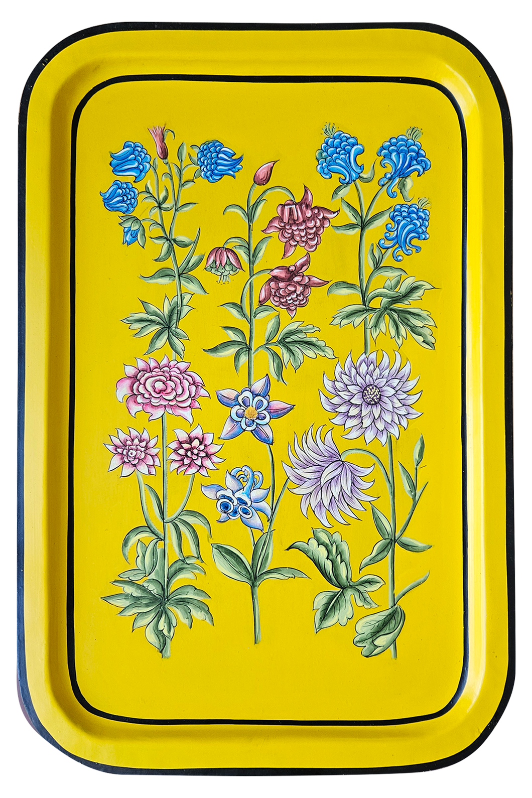 Les Ottomans Rectangular Yellow Painted Iron Tray - Flowers