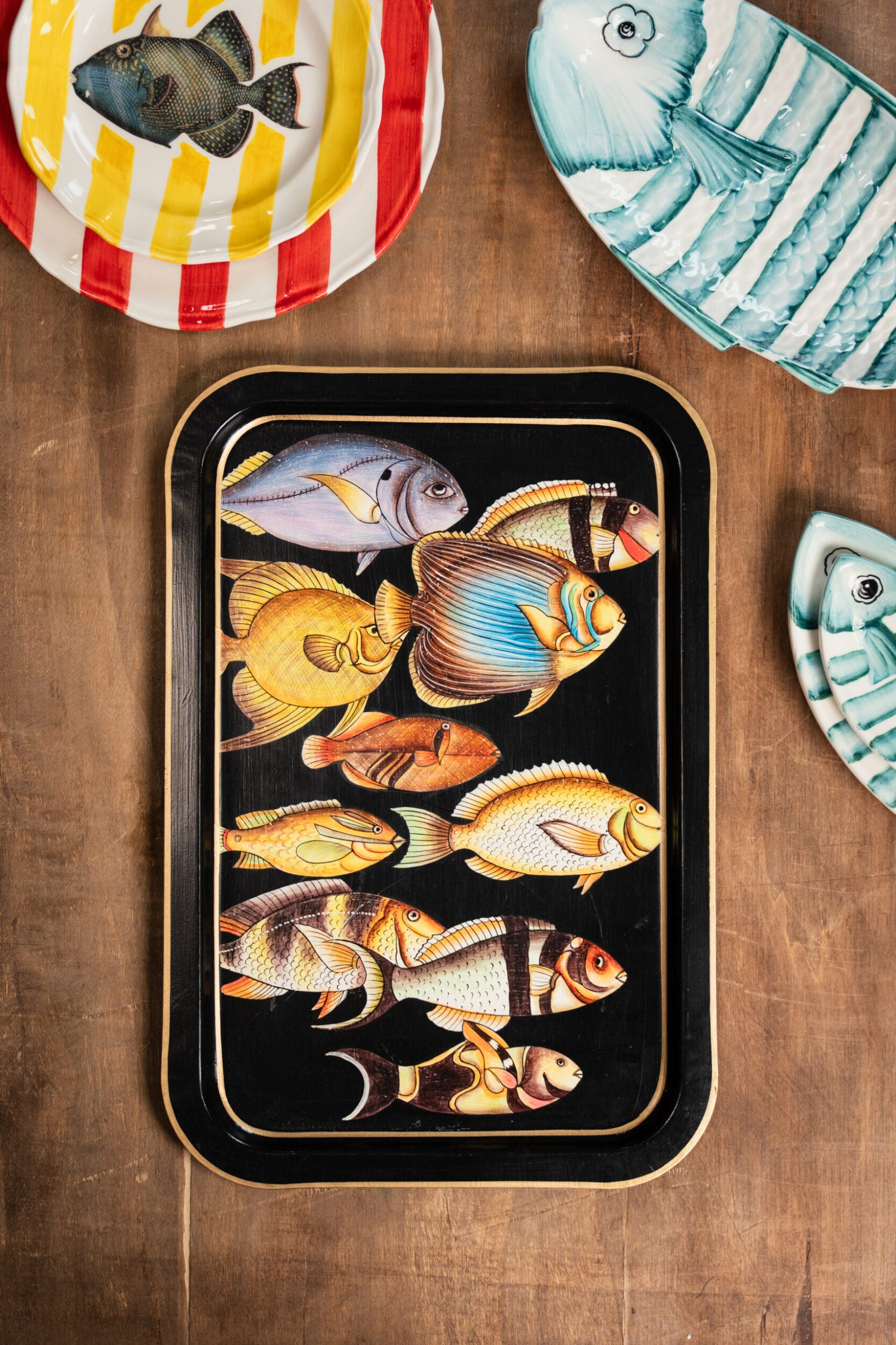 Les Ottomans Rectangular Black Painted Iron Tray - Fishes