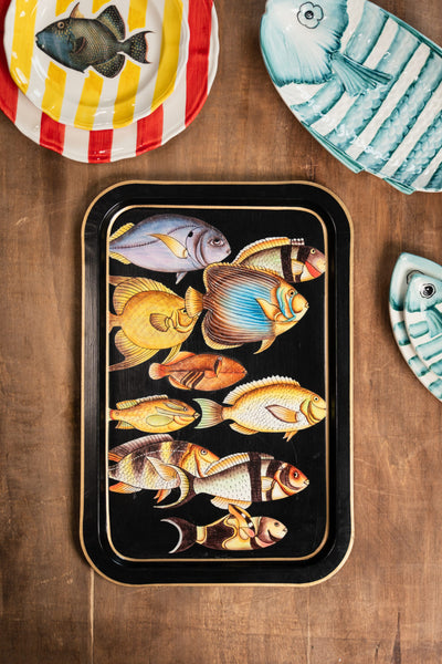 Les Ottomans Rectangular Black Painted Iron Tray - Fishes