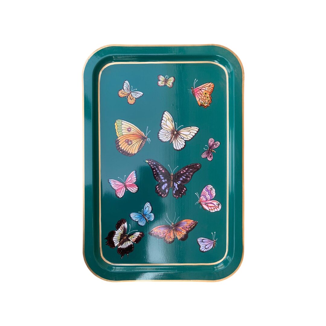 Les Ottomans Rectangular Yellow Painted Iron Tray - Butterflies