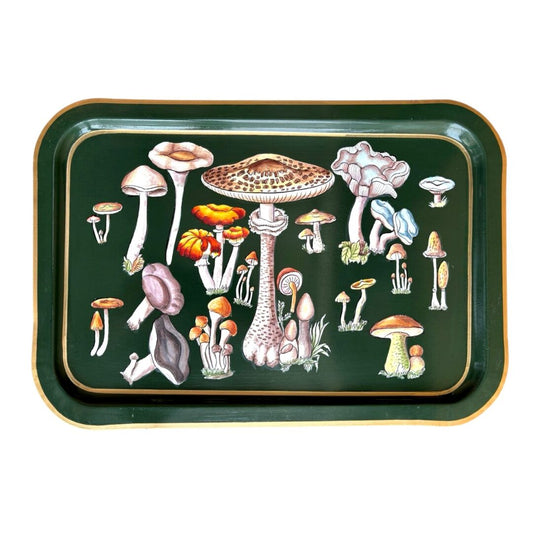 Les Ottomans Rectangular Green Painted Iron Tray - Mushrooms