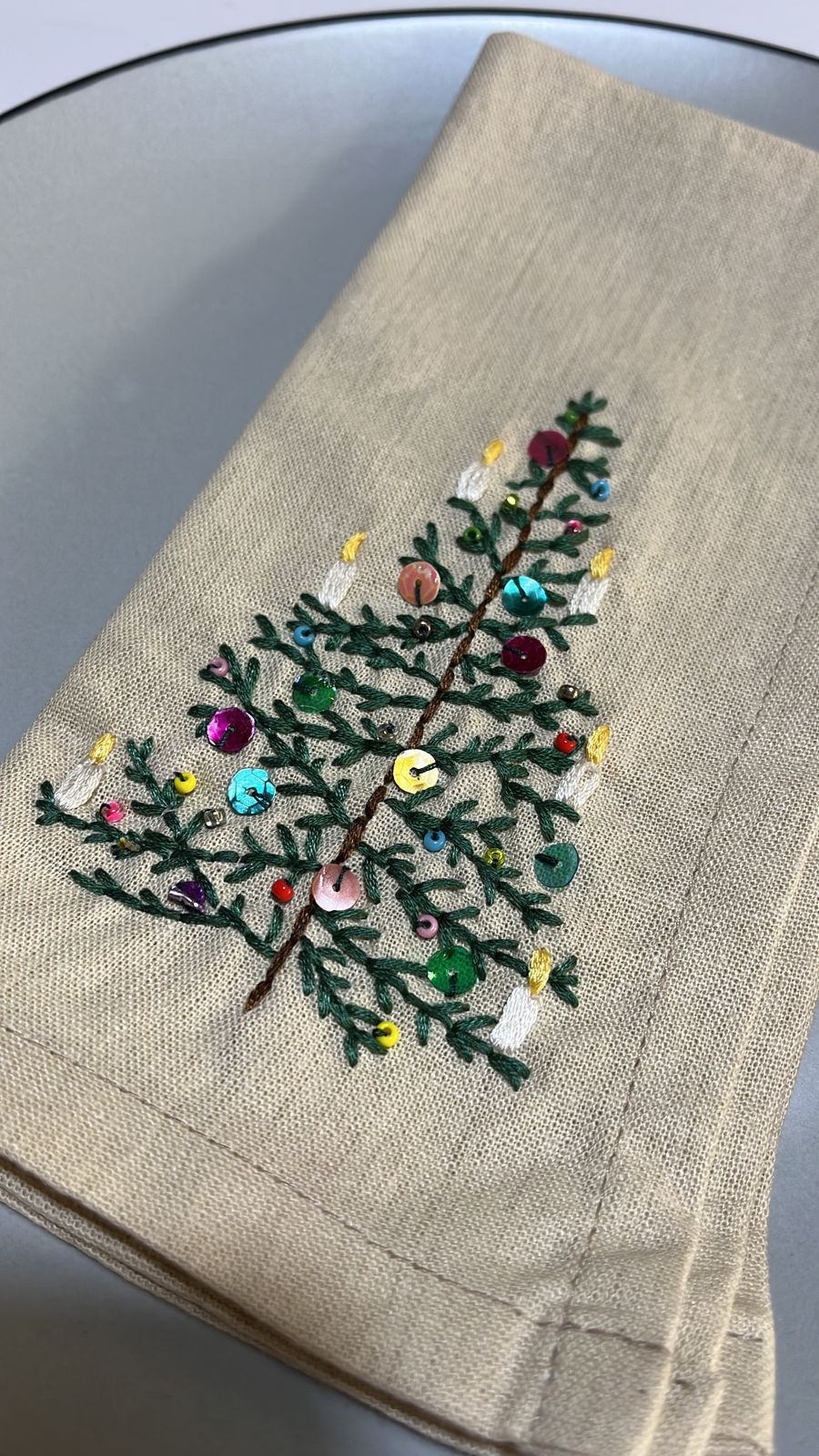 A Table Embroidered Linen Napkin - Xmas Tree
