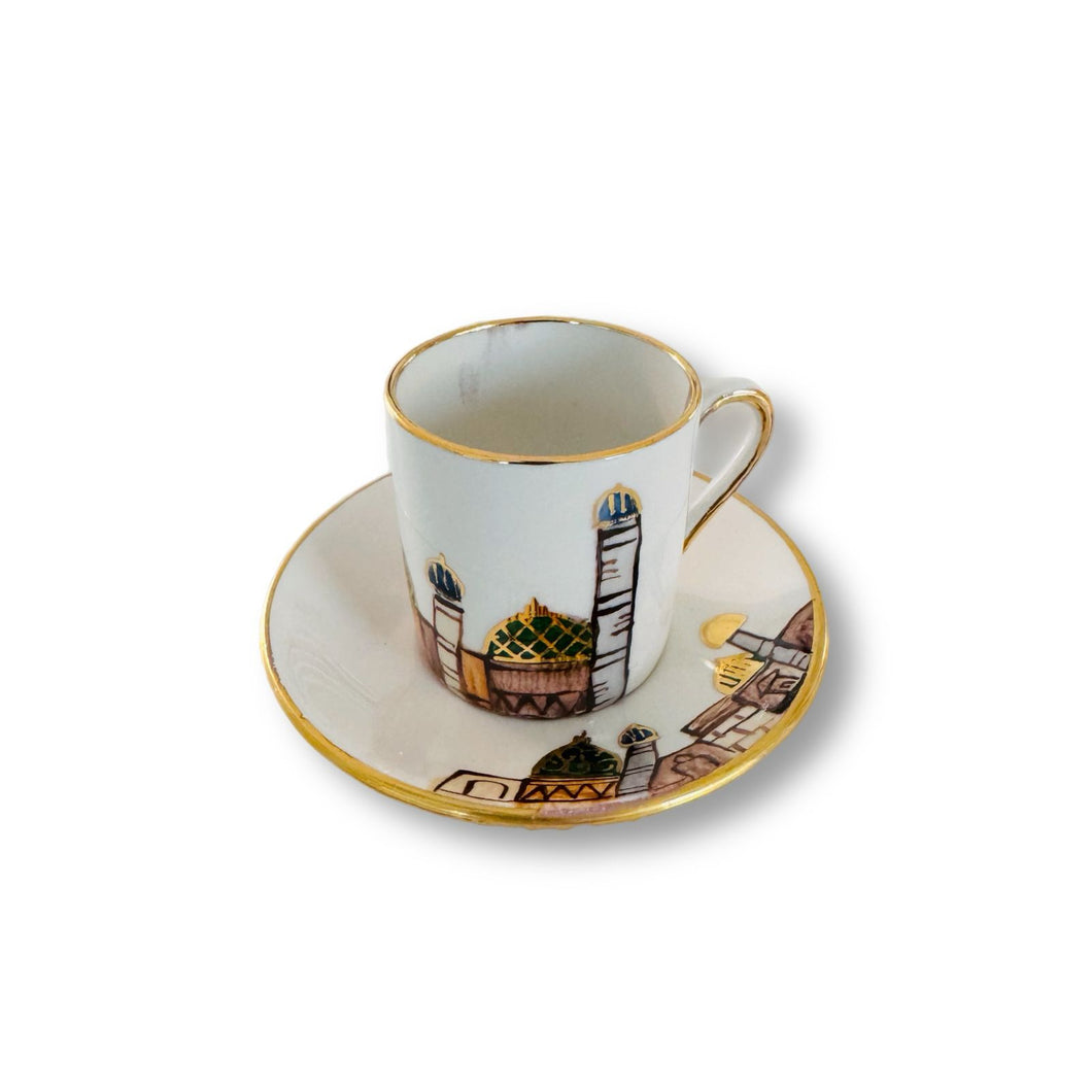 Colored & Gold Mosques Coffee Cups with Plate - Set of 6