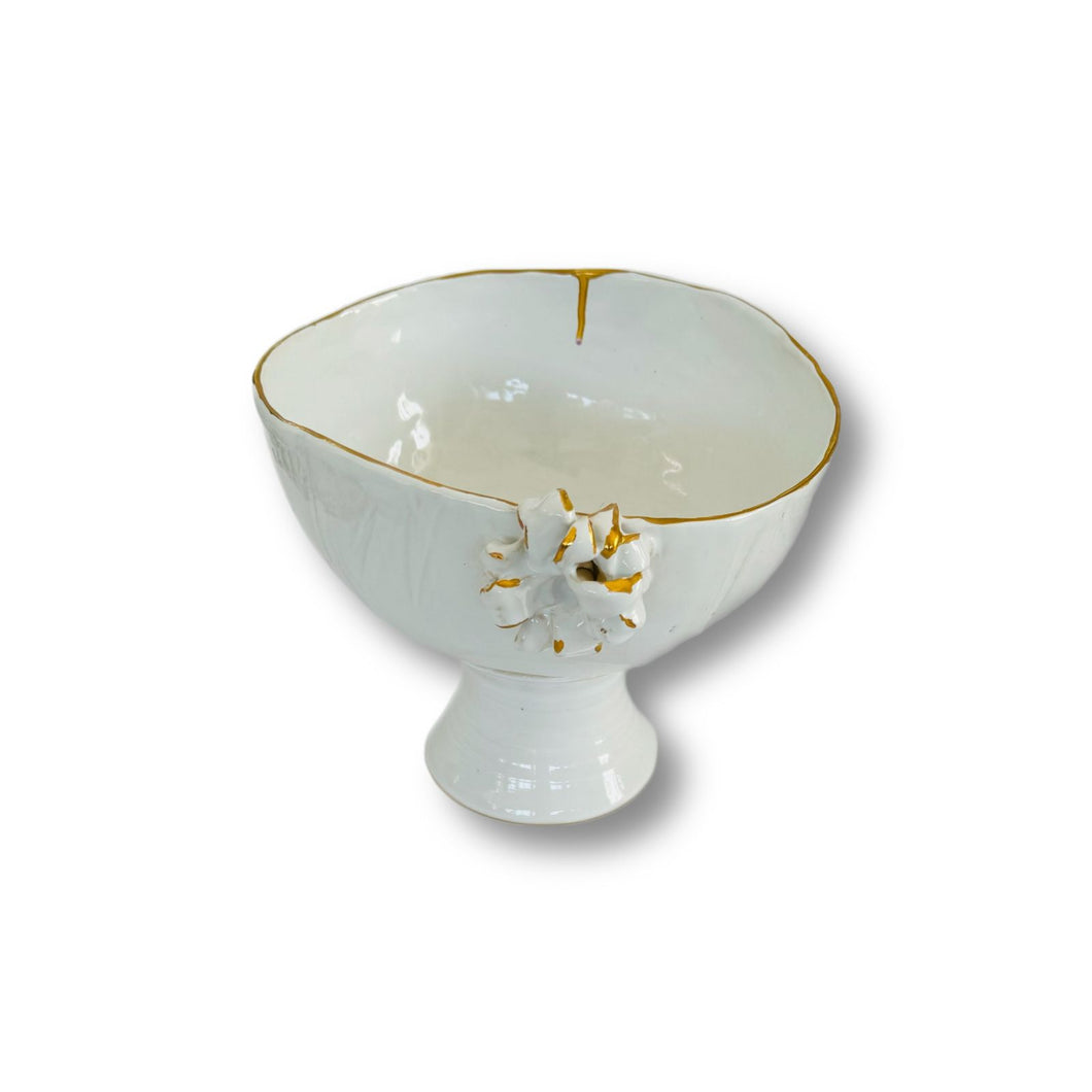 Marylynn Massoud & Rasha Nawam Ceramics Pedestal Bowl With Flower- White with Gold Rim