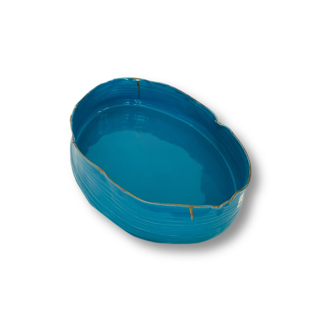 Marylynn Massoud & Rasha Nawam Ceramics Oval Serving Platter- Blue with Gold Rim