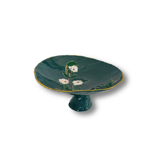 Marylynn Massoud & Rasha Nawam Ceramics Painted Pedestal Bowl - Dark Blue with Gold Rim