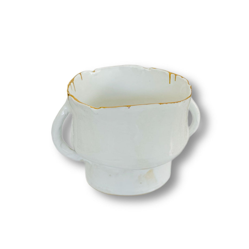 Marylynn Massoud & Rasha Nawam Ceramics Elevated Tureen Pot with Handles- White with Gold Rim