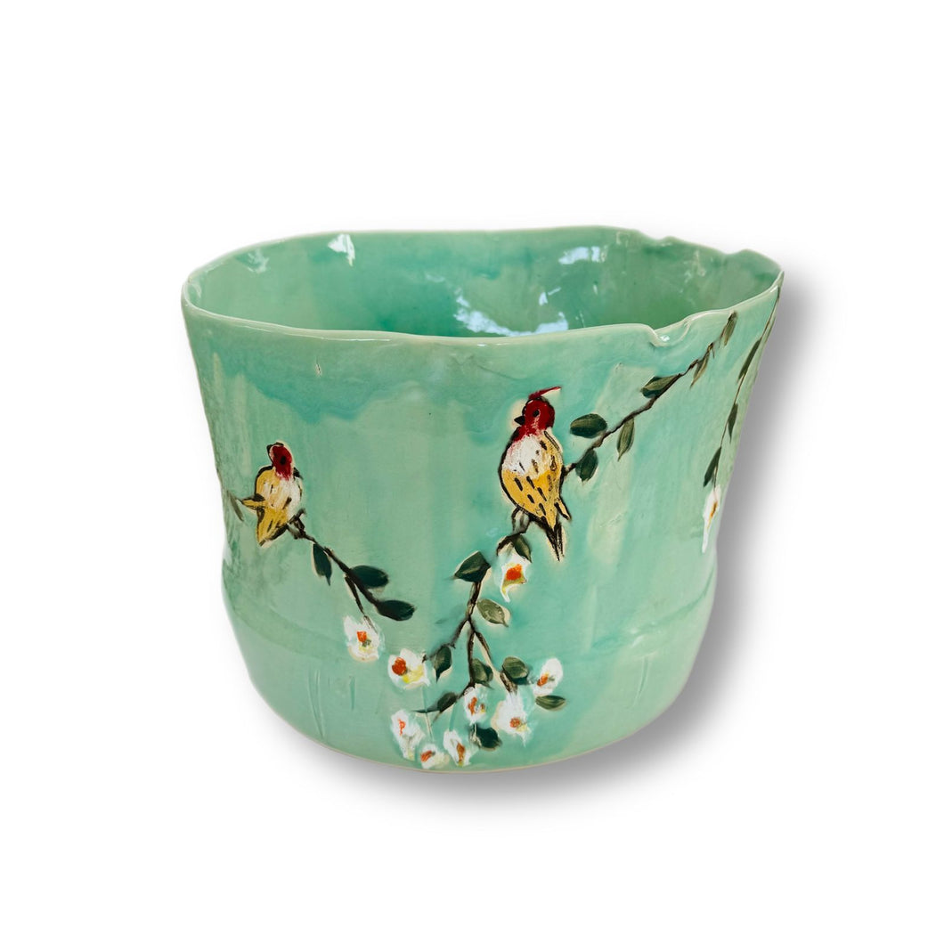 Marylynn Massoud & Rasha Nawam Ceramics Vase  with Bird, Flowers & Branch Painting - Celadon