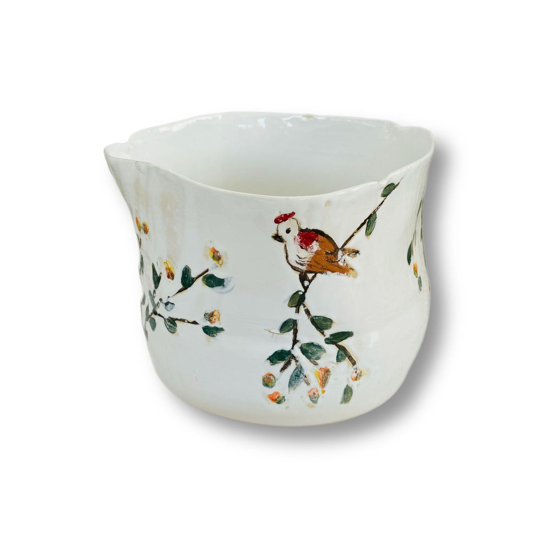 Marylynn Massoud & Rasha Nawam Ceramics Vase  with Bird, Flowers & Branch Painting - White