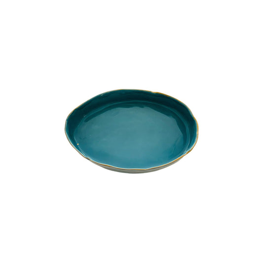 Marylynn Massoud & Rasha Nawam Ceramics Small Oval Serving Platter- Blue with Gold Rim