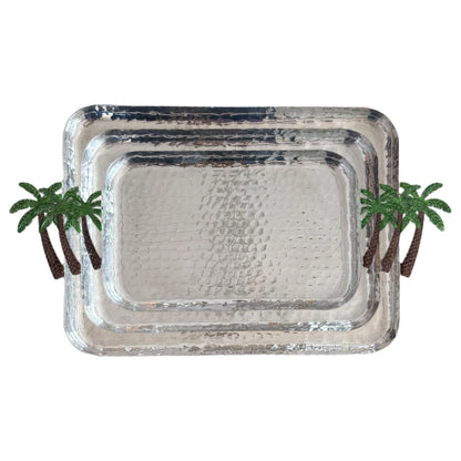 Tray.Aluminium with Palm Tree Handles - Silver