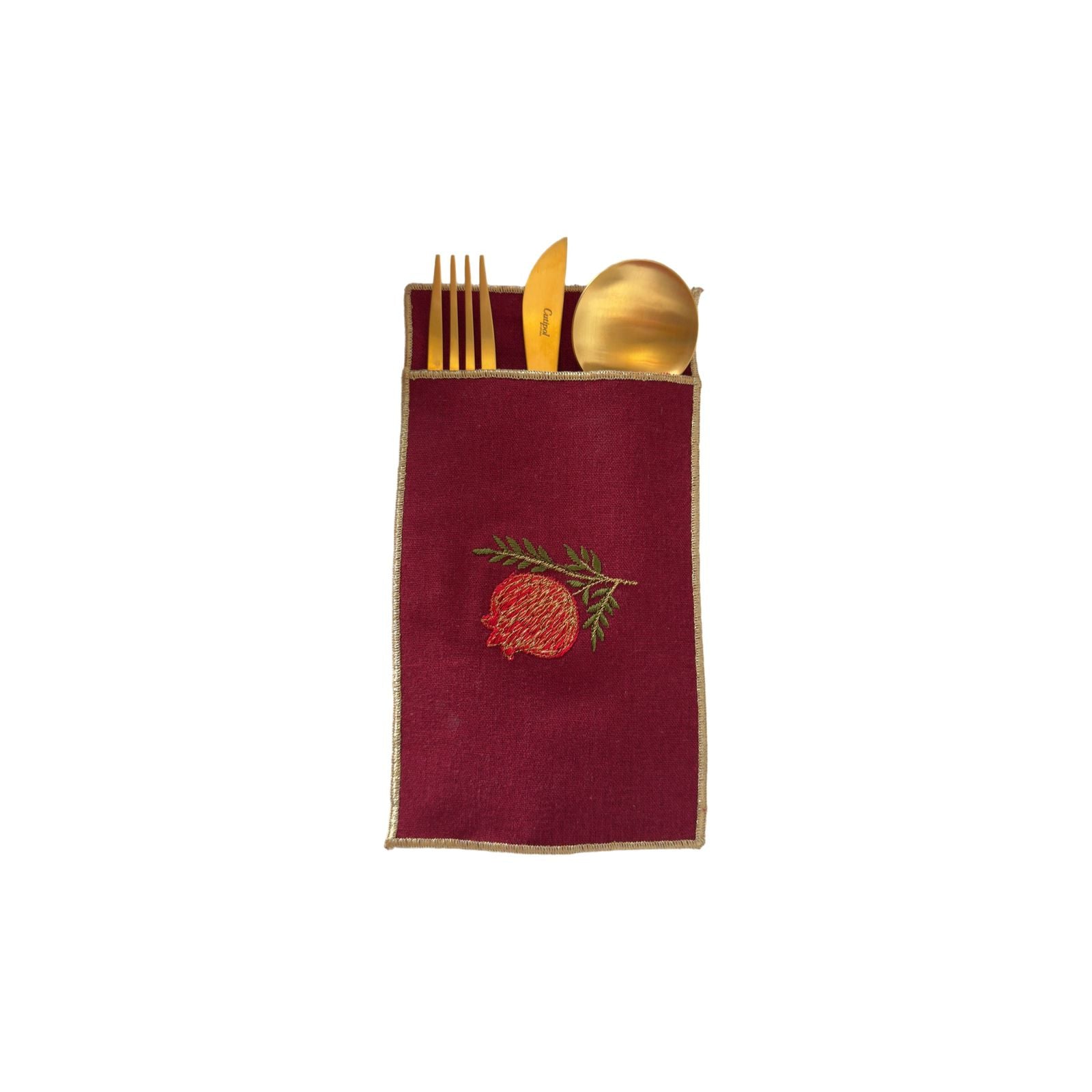A Table Embroidered Cutlery Pouch - Pomegranate