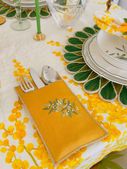 A Table Embroidered Cutlery Pouch - Olive Branch