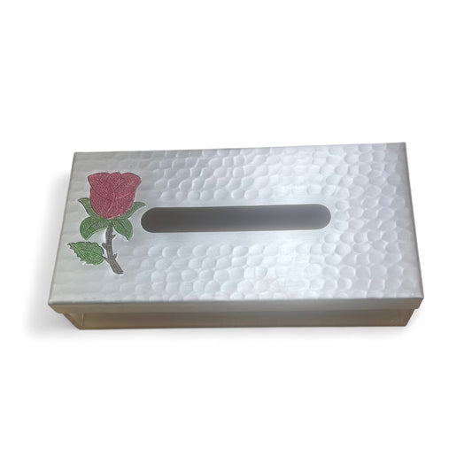 Tissue Box with Aluminium Cover with a Rose - Silver