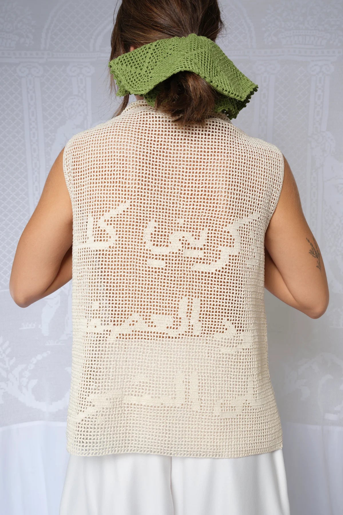 Salim Azzam Crochet Top Singing Birds Beige