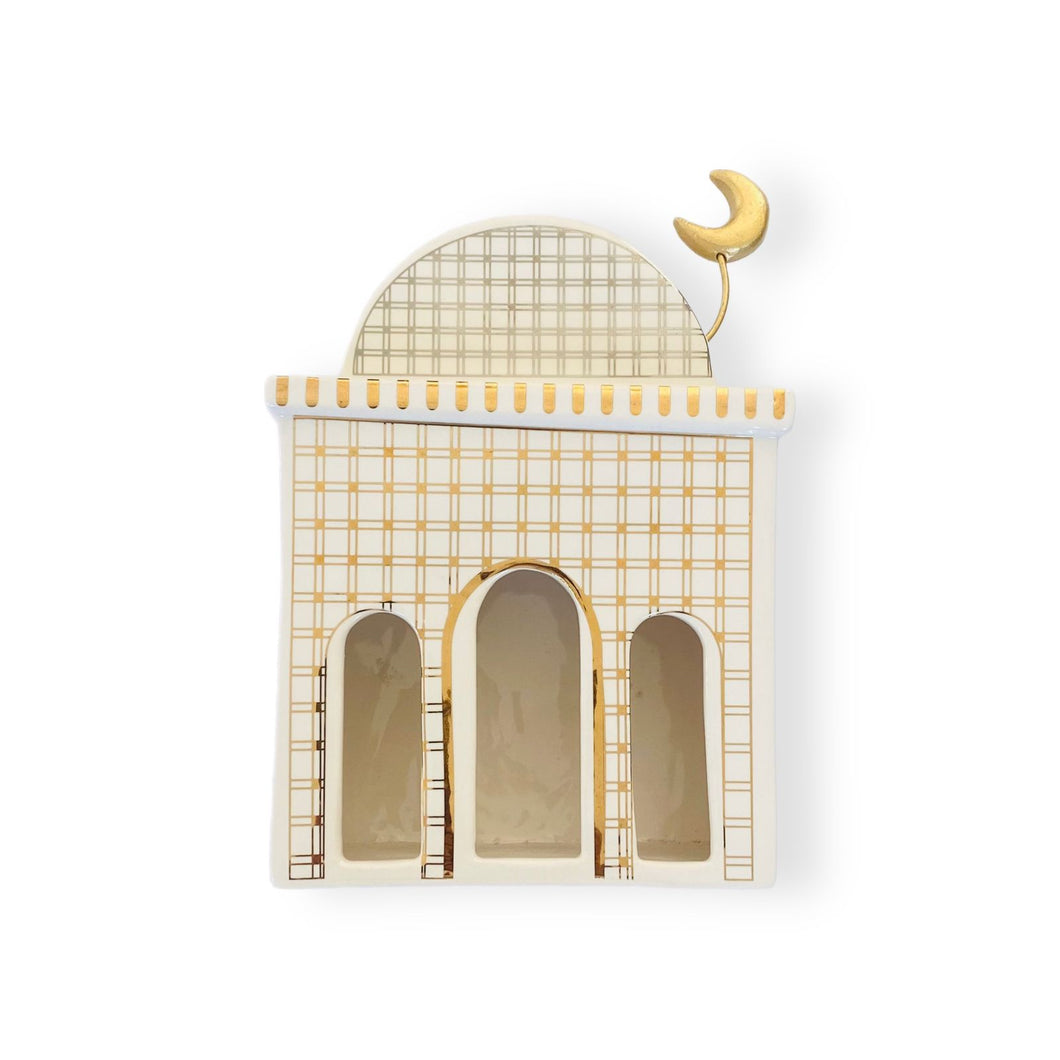 Mosque Large Candle Holder with Moon - White & Gold