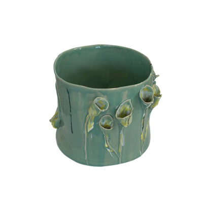 Ceramic Vase with 3D Flowers -  Celadon with Gold Rim