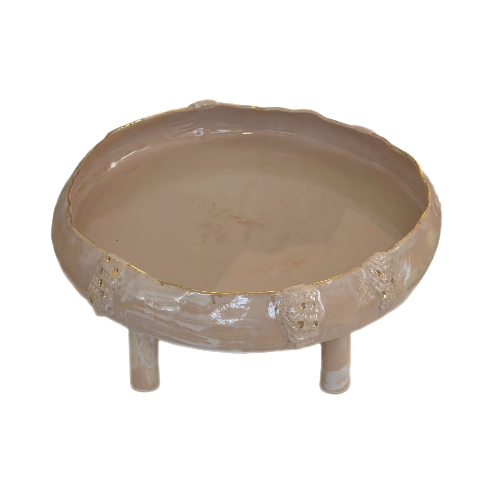 Ceramic Serving Round Footed Platter XLarge - Nude with Gold Rim