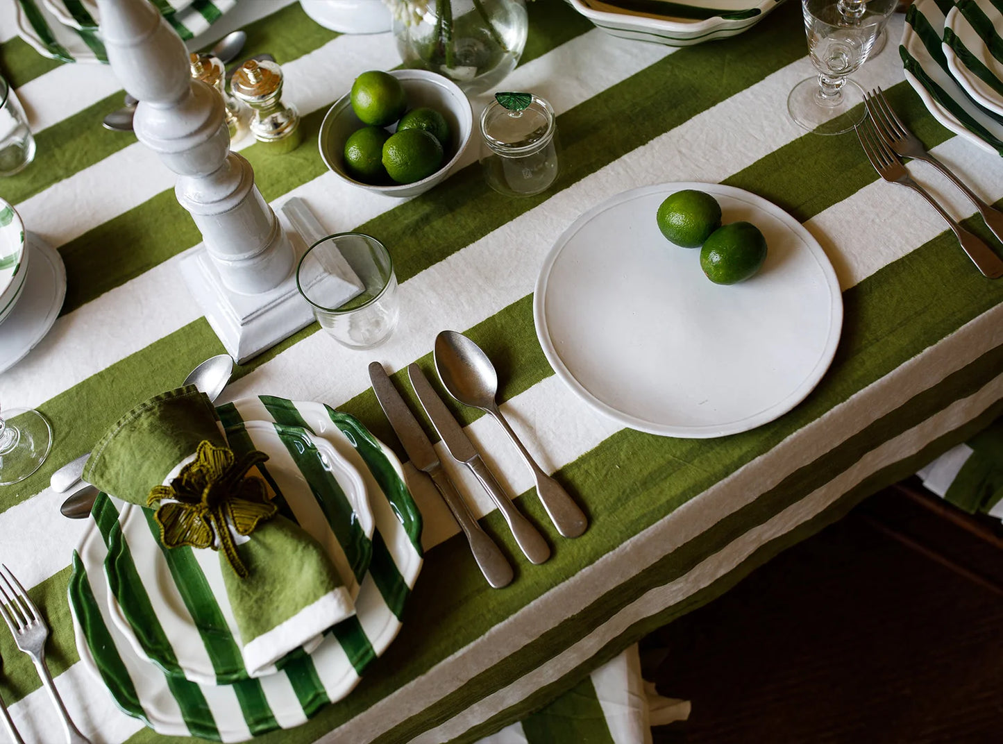 Stripe Linen Tablecloth - Green & White