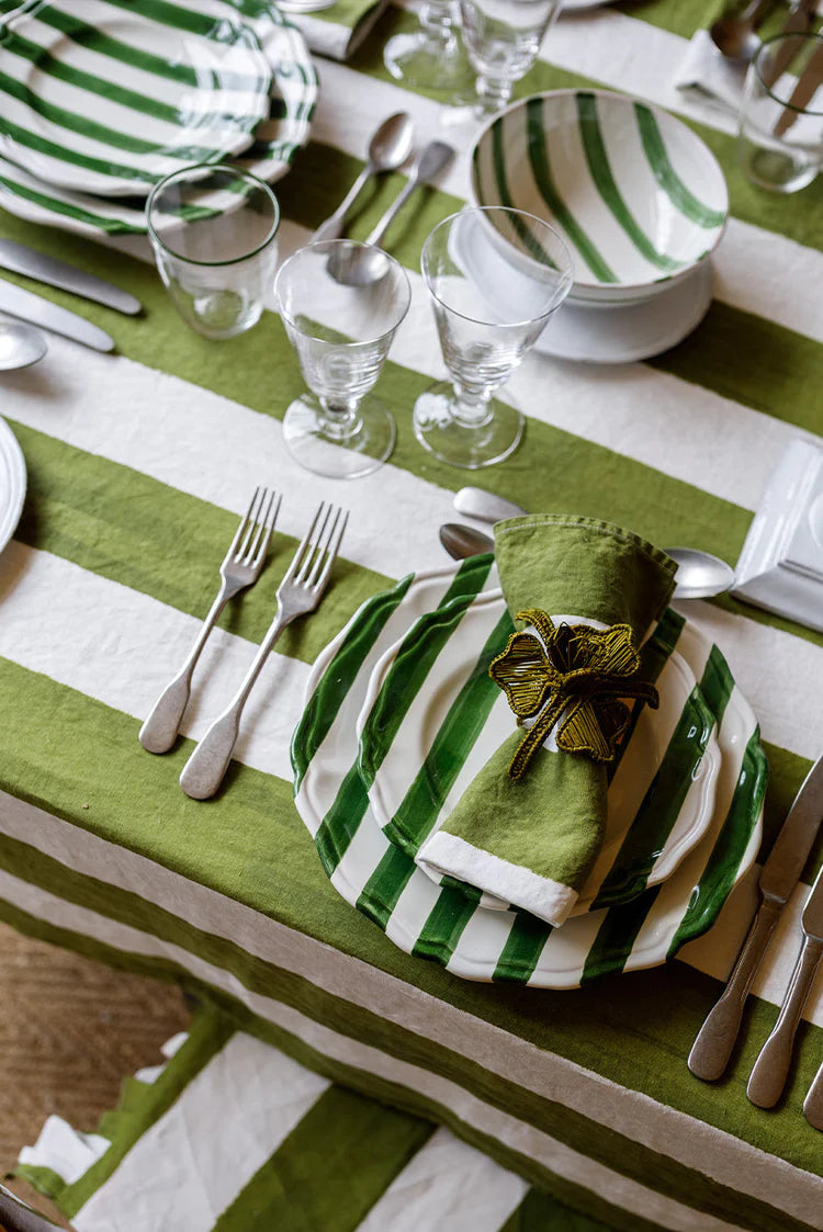 Stripe Linen Tablecloth - Green & White