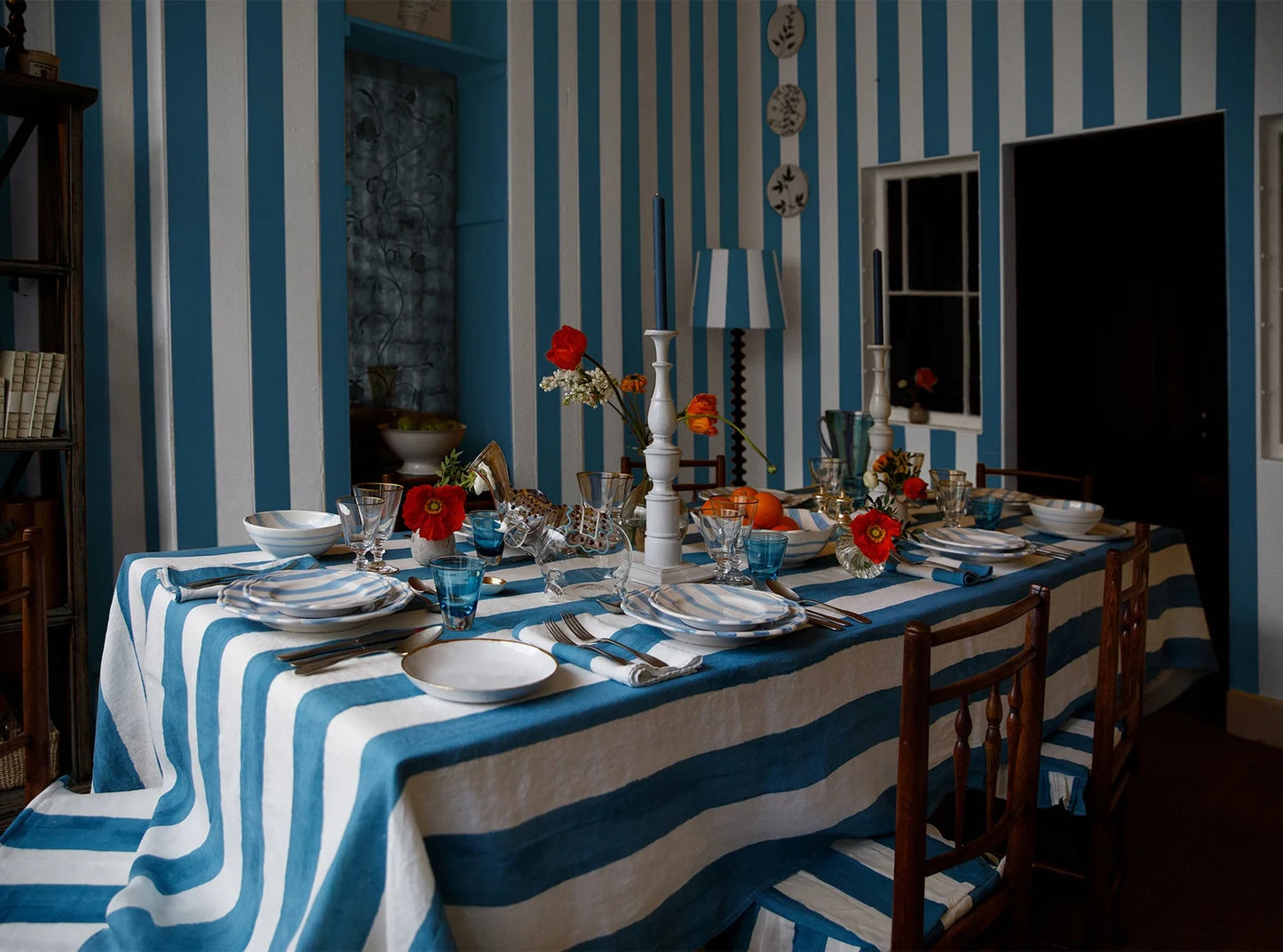 Stripe Linen Tablecloth - Blue & White