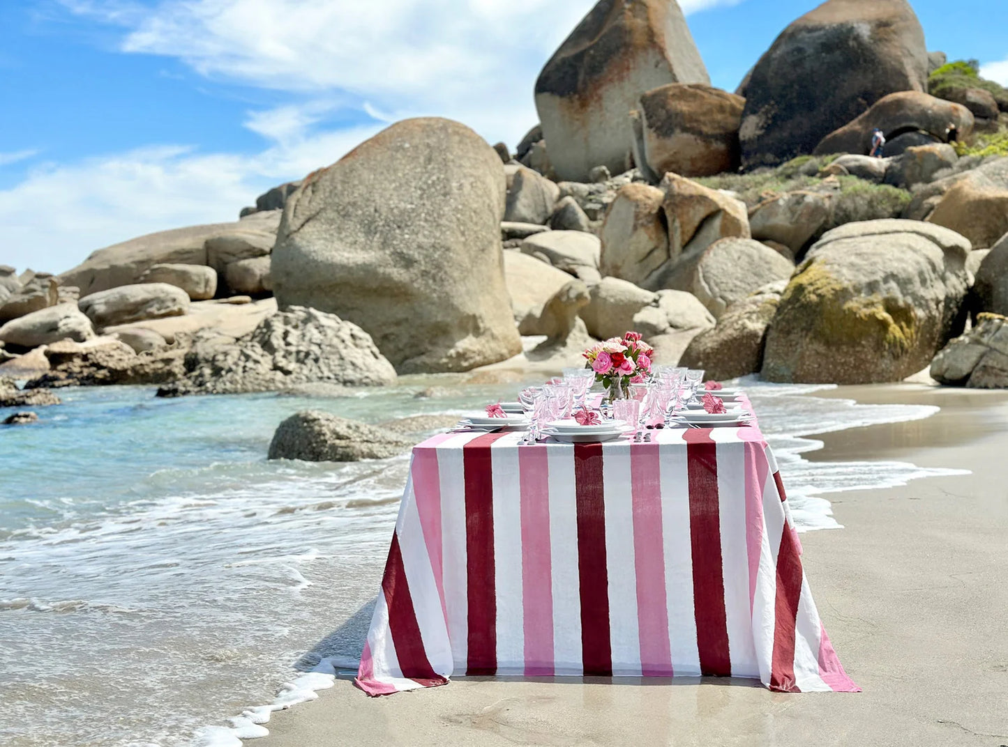 Stripe Linen Tablecloth - Pink. Red & White