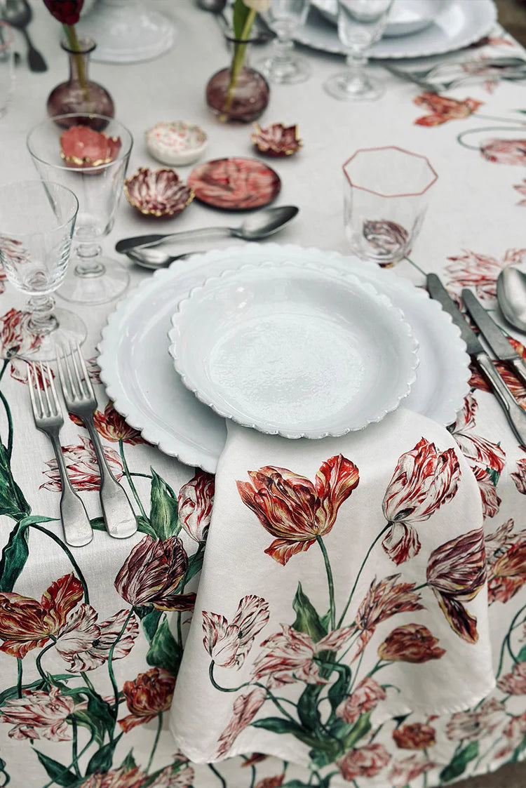 Tulip Linen Tablecloth in Red & Pink