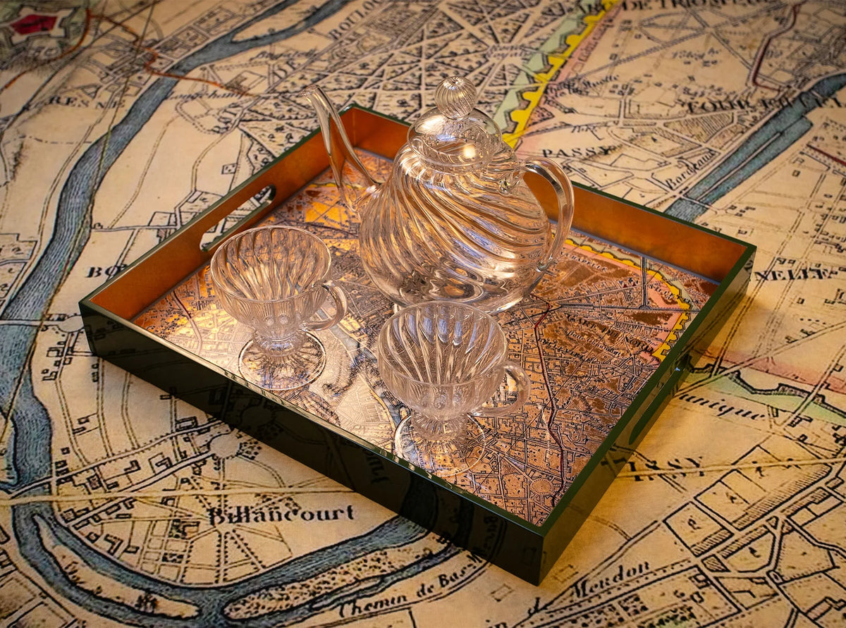 Gold Leaf Paris Map Rectangular Lacquered Tray