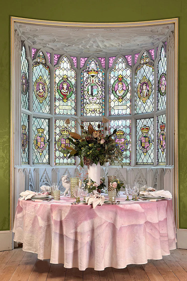 Pink Painted Peony Round Linen Tablecloth 260 cm