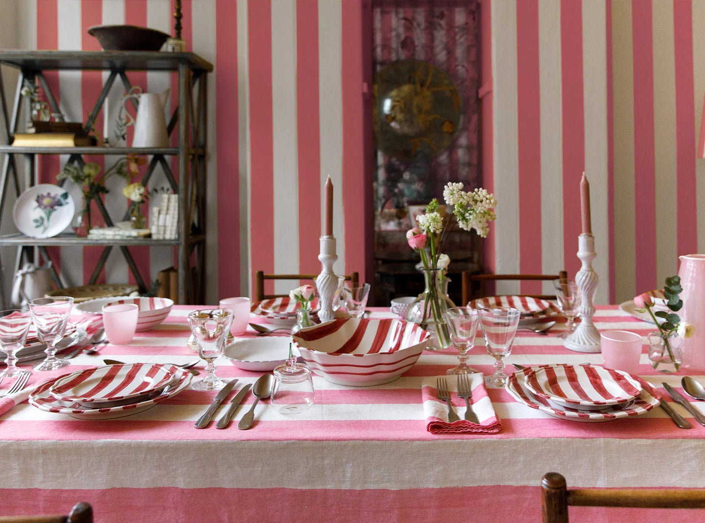 Stripe Linen Tablecloth - Pink & White