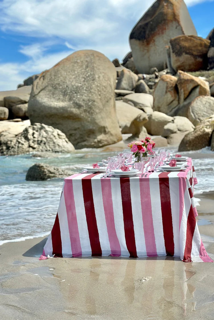 Stripe Linen Tablecloth - Pink. Red & White