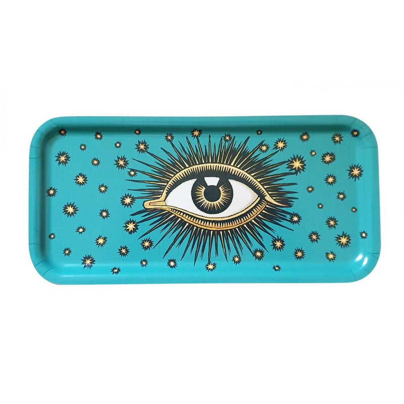 Les Ottomans Rectangular Evil Eye Wooden Tray - Turquoise
