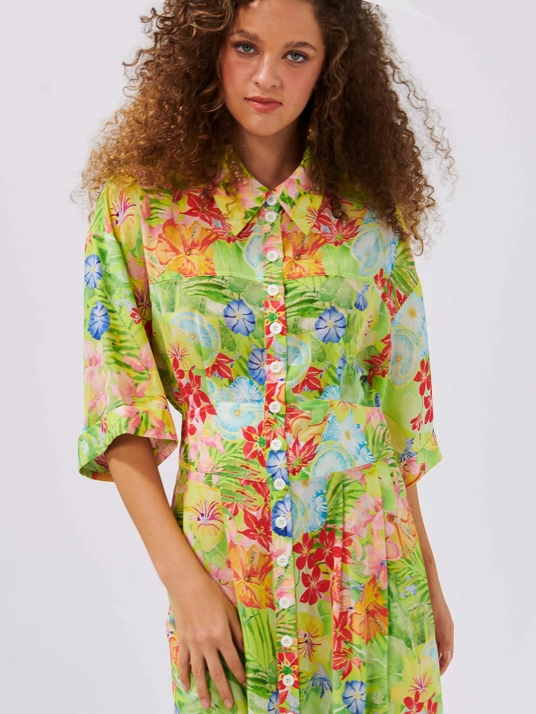 Hayley  Menzies Abundant Blooms Wide Sleeves Silk Chartreuse Maxi Shirt Dress