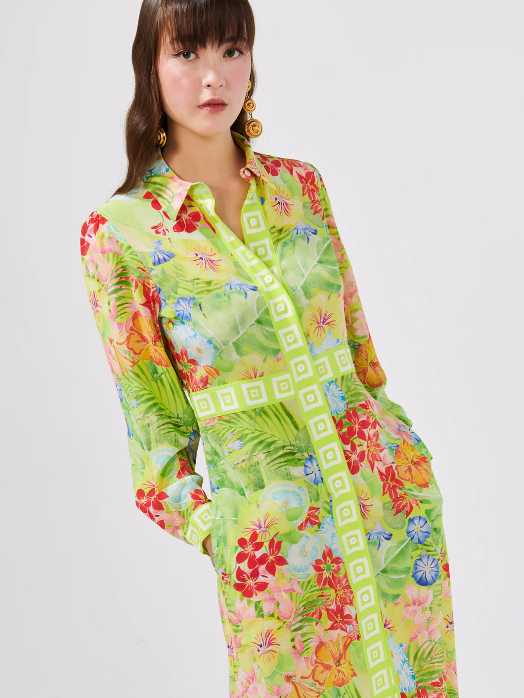 Hayley  Menzies Abundant Blooms Silk Chartreuse Maxi Shirt Dress