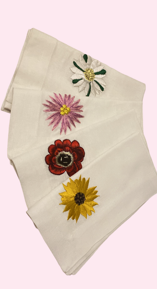 A Table Embroidered Linen Napkin - Flowers