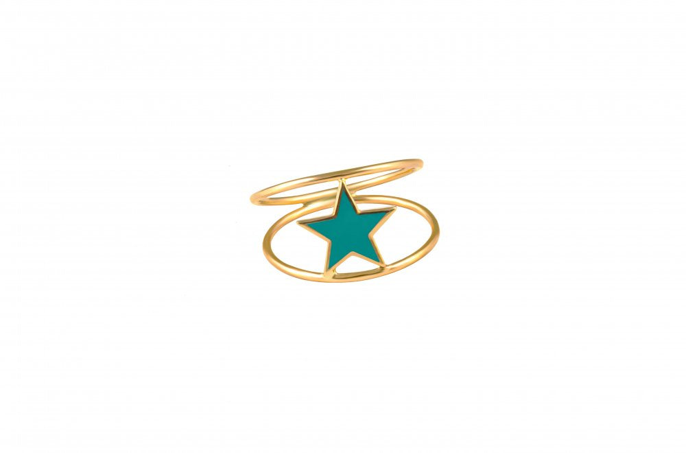 LRJC Double Line Aqua Blue Star Enameled Ring 18K Gold