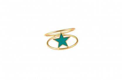 LRJC Double Line Aqua Blue Star Enameled Ring 18K Gold